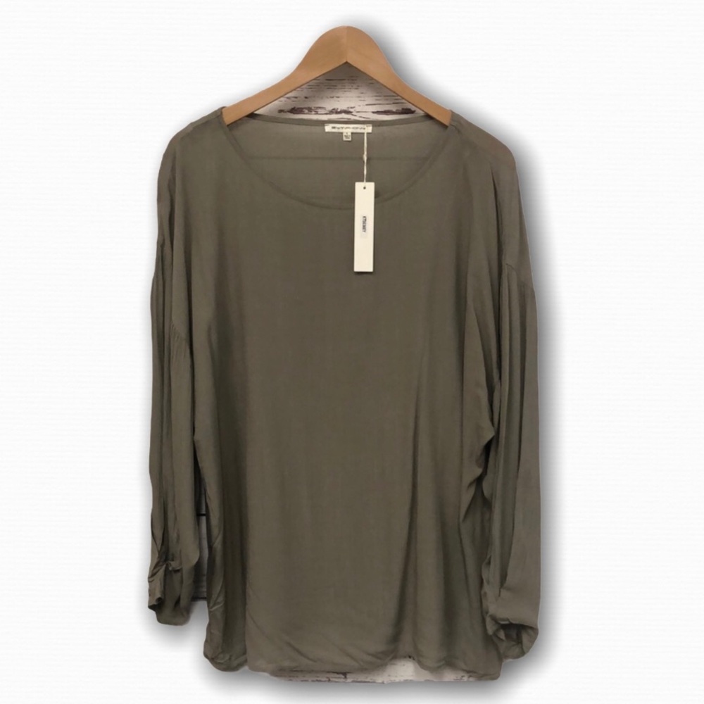 Symphony sage “warm grey” flowy gauze blouse